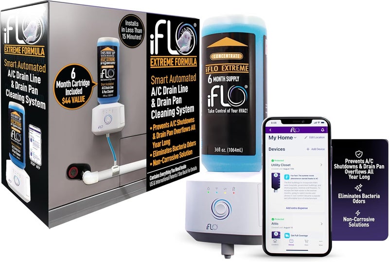 iFLO ® Smart A/C Drain Line and Drain Pan Cleaner for HVAC System, Clog-Free, Easy Installation & App-Controlled Air Conditioner Maintenance, Includes 36oz Cleaner Cartridge Concentrate, 6 Month Supply - Image 1